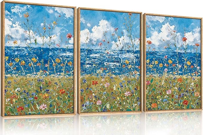 Large Blue Seaside Wildflower Framed Canvas Wall Art,Modern Nature Ocean Wall Decor,Rustic Sky Printing,White Cloud Landscape Artwork for Living Room,Bedroom,Dining Room-16"x24"x3