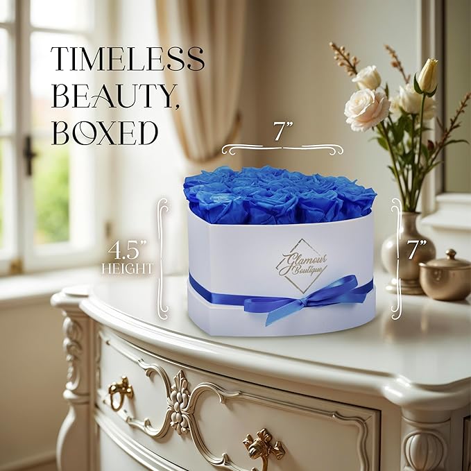 GLAMOUR BOUTIQUE Preserved Roses in a Box - Gifts for Her, Wife & Mom, Rose Flowers Forever Decor for Birthday Gift, Get Well Flower Bouquet Cased in White Box with Cover, Blue, 16 (Color-Treated)
