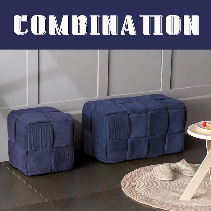 Cmishe 28" Rectangular Woven Corduroy Ottoman Footrest - Large Modern Entryway Bench & Bed End Stool, Sturdy Wood Frame, No Assembly (Blue-L)