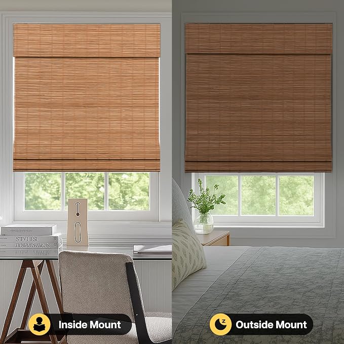 LazBlinds Cordless Blackout Bamboo Roman Shades, 30x64, Papara Carbon | Room Darkening Blinds for Interior Windows, Thermal Insulated Roll Up Bamboo Blinds for Home & Patio