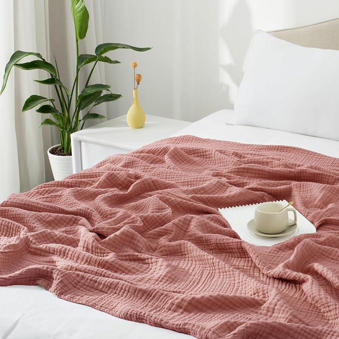 Carriediosa 100% Cotton Muslin Throw Blanket 50" X 70" Throw XL Size，4-Layers Summer Gauze Throws for Bed Couch，Soft Lightweight Breathable Linen Blankets Bedspread for Adults All Season，Mauve