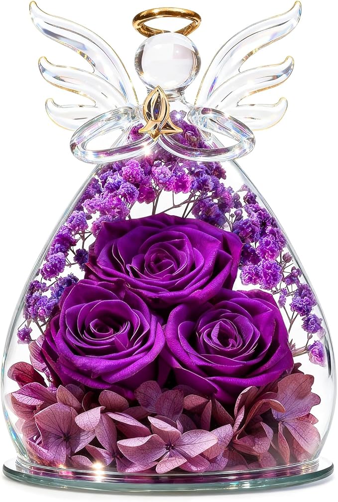 Beferr Mothers Day Mom Birthday Gifts for Women, Fresh Flowers for Delivery Forever Preserved Rose in Glass Angel Figurine, Anniversary Christian Real Rose for Grandma Nana Wife Mum from Daughter Son