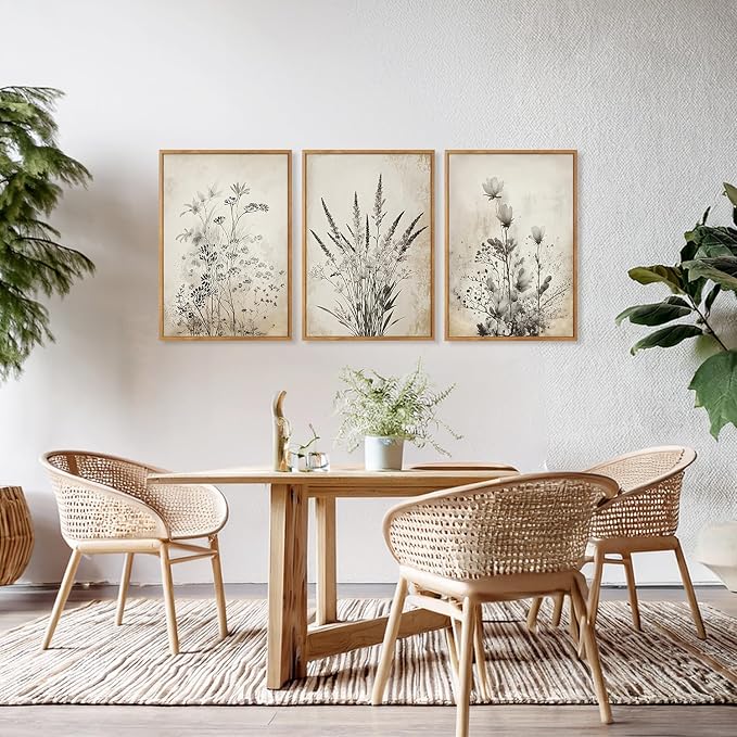 HOURIA 3Pcs Large Vintage Black White Botanical Floral Framed Canvas Wall Art Set(16"x24"),Retro Farmhouse Wildflower Wall Decor Rustic Minimalist Plant Flower Art Prints for Living Room Bedroom Office