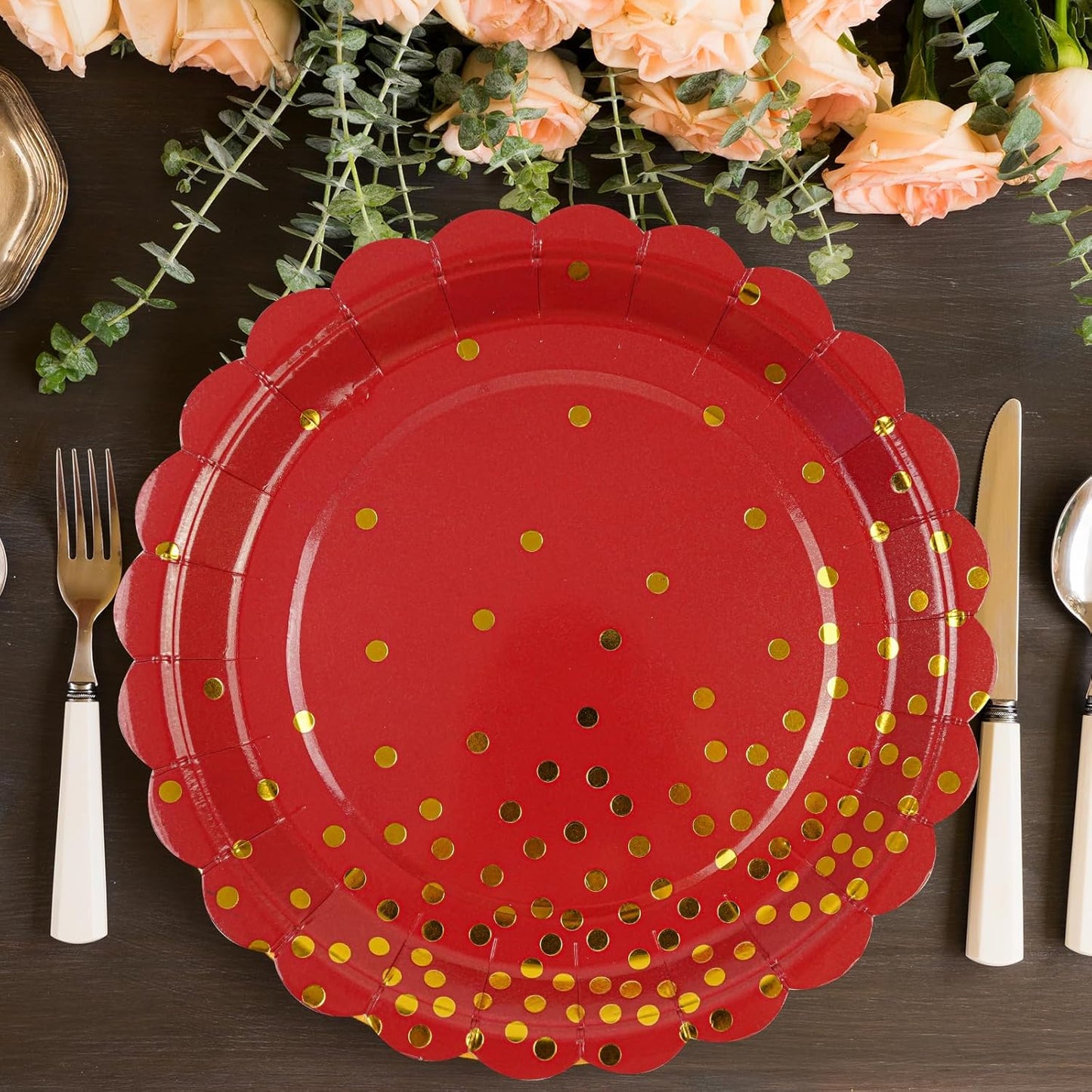 50PCS Red Paper Plates, 7 Inch Scalloped Red and Gold Party Plates Disposable Foil Polka Dots Dessert Plate Cake Plate for Wedding Baby Shower Birthday Anniversary Bachelorette Dinner BBQ