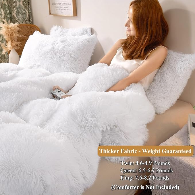 XeGe Plush Shaggy Duvet Cover Set, Luxury Ultra Soft Crystal Velvet Fluffy Bedding Sets 2 Pieces(1 Faux Fur Furry Comforter Cover + 1 Fuzzy Faux Fur Pillowcase), Zipper Closure(Twin, White)