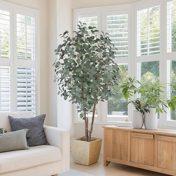 6FT Faux Eucalyptus Tree with White Pot, Artificial Eucalyptus Tree Indoor Plants with Silk Leaves Fake Eucalyptus Plant Fake Tree Faux Plants Indoor for Living Room Bedroom Office Home Decor