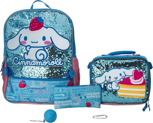 AI ACCESSORY INNOVATIONS Sanrio’s Cinnamoroll 5 Piece Backpack Set, Hello Kitty Kawaii Flip Sequin Girls School Bag with Front Zip Pocket, 2 Side Mesh Pockets, Blue