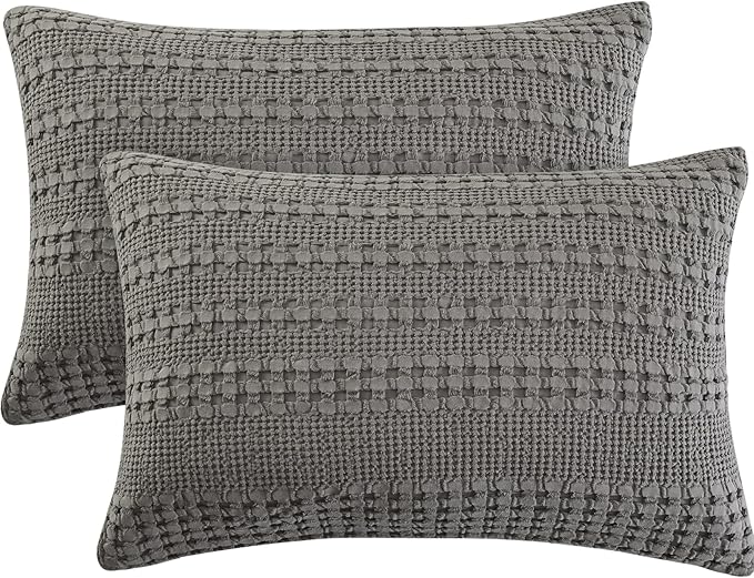 PHF 100% Cotton Waffle Pillow Shams Standard Size, 2 Pack 20" x 30" Soft Skin-Friendly Pillowcases, No Filling, Aesthetic Woven and Breathable Waffle Weave Pillow Case Covers for Bed, Dark Grey