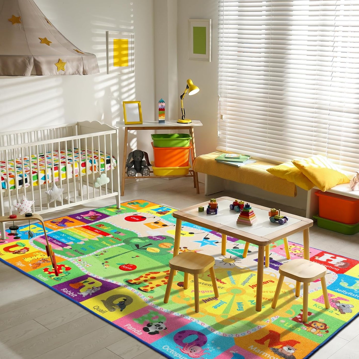 Kids Rugs for Playroom Classroom Bedroom, Educational and Fun Play Mat with ABC Alphabet Animals, Learning Rug for Children Toddler Baby Girls Boys Nursery, Washable, 4x6
