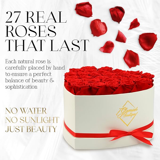 GLAMOUR BOUTIQUE Preserved Roses in a Box - Gifts for Her, Wife & Mom, Rose Flowers Forever Decor for Birthday Gift, Get Well Flower Bouquet Cased in White Box with Cover - Red - 27 (Color-Treated)