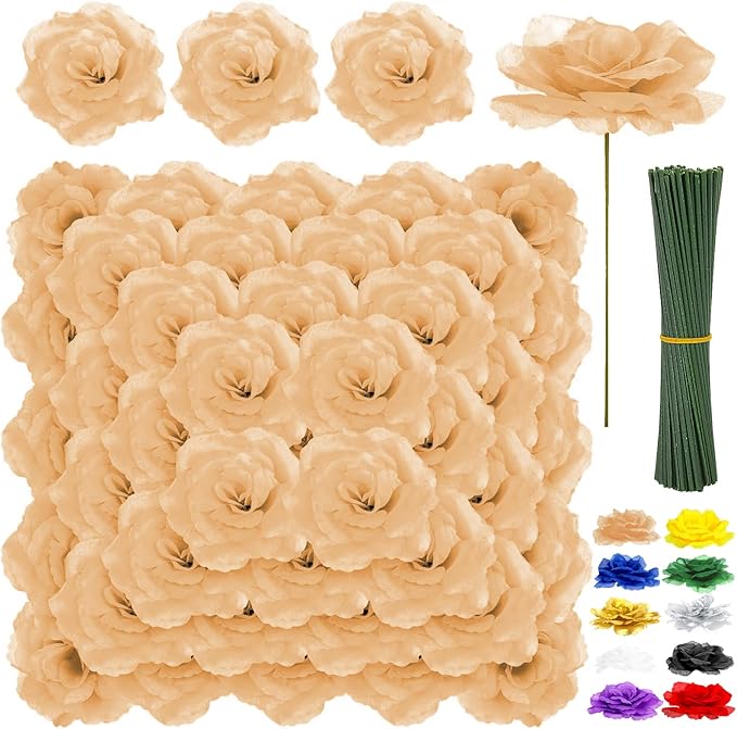 LELEE Rose Head Flowers with Stem - 108pcs Nude & Brown Faux Rose Artificial Flowers Bulk - Silk Rose Tan Flower for Wedding Bouquet Party Home Decor DIY Baby Shower Centerpieces Tables Decoration