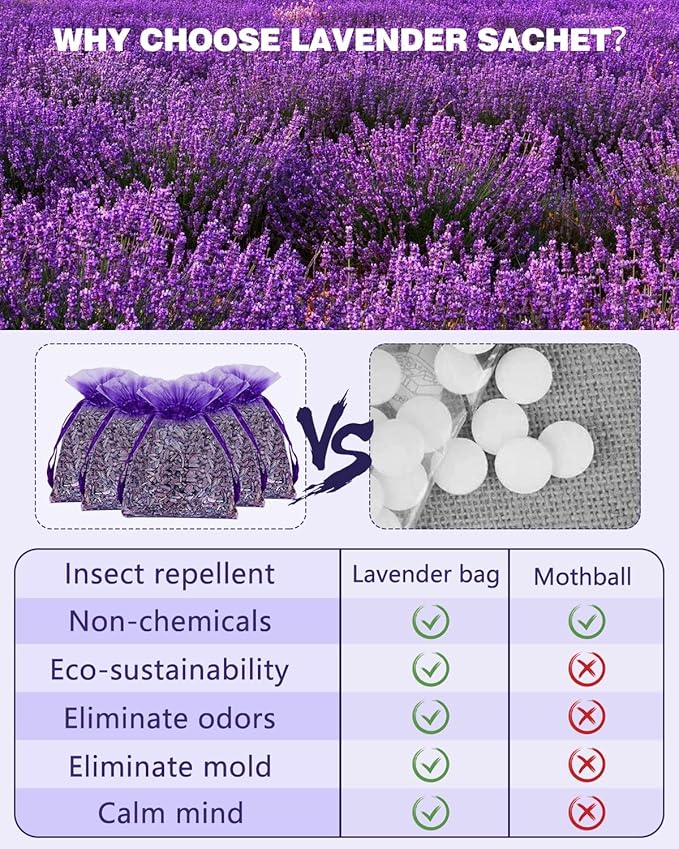 20 Pack Lavender Sachet Bags, 100% Natural French Dried Lavender Sachets for Drawers and Closets, Strong Smell Fragrance Fresh Scents Home