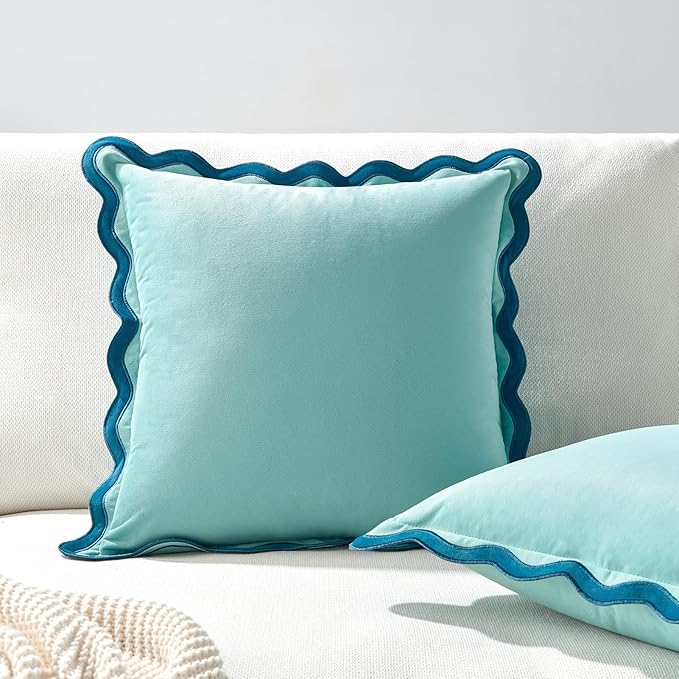 MONDAY MOOSE Decorative Throw Pillow Covers Cushion Cases, Set of 2 Soft Velvet Scalloped Wavy Edge Designs, Mix and Match for Home Decor, Pillow Inserts Not Included (18x18 inch, Blue/Light Blue)