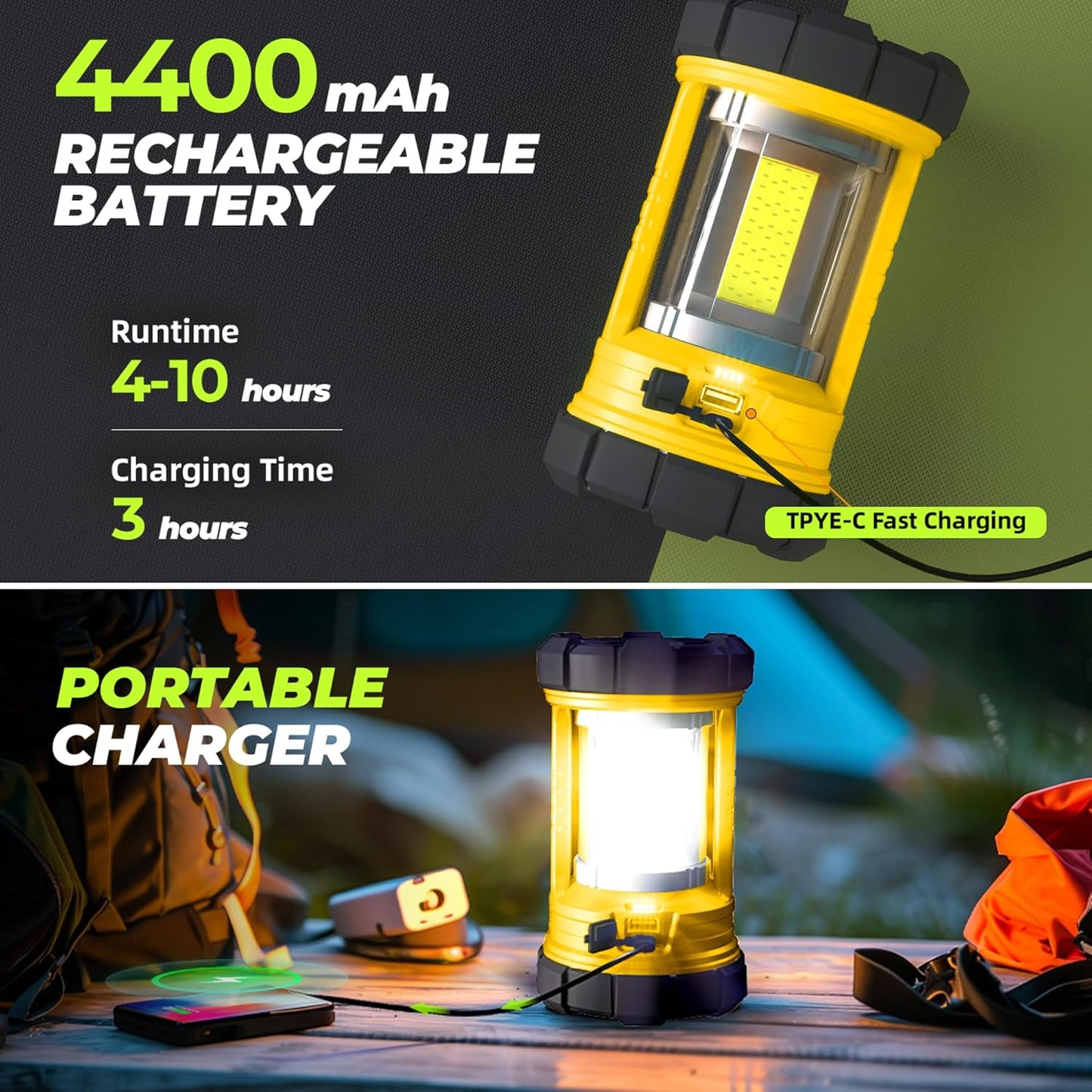 Rechargeable Camping Lantern, 3000LM 5 Light Modes Camping Light 4400 Capacity Phone Charger LED Impact-Resistant Flashlight Lantern Portable Waterproof Hurricane Lanterns for Emergency(Orange)