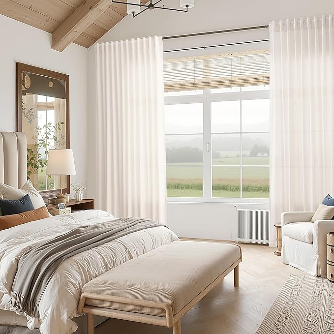Ivory White Linen Curtains 108 Inches Long Back Tab Pocket Modern Farmhouse Linen Light Filtering Curtain Extra Long Semi Sheer Curtain Drapes for Living Room Bedroom 9Ft 52X108,2 Panels