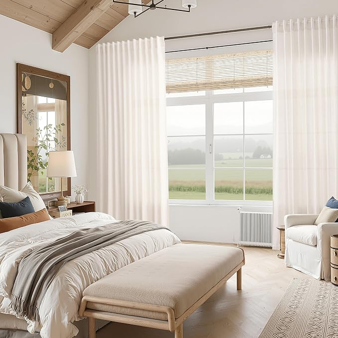 Nanspring Ivory White Linen Curtains 63 Inches Long for Living Room Back Tab Pocket Natural Light Filtering Privacy Translucent Ivory White Cotton Texture 52X63, 2 Panels