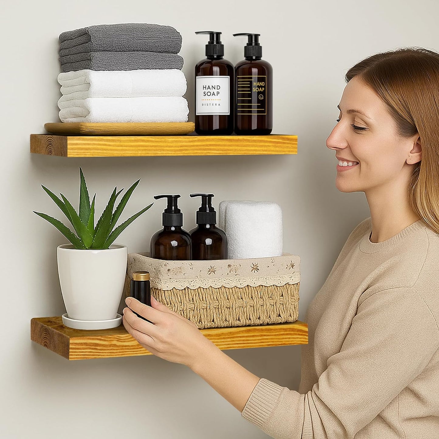 BGMG Wood Floating Shelves for Wall 18 inch Set of 2, Rustic Wooden Wall Mount Shelves for Living Room Bedroom Kitchen Farmhouse-18x6.7x1.25 inch- Gold Oak