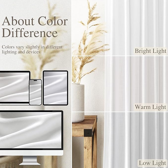 Nanspring White Linen Curtains 104 Inches Long for Living Room Extra Long Back Tab Curtains 2 Panels Set Farmhouse Light Filtering Semi Sheer Linen Drapes Ceiling to Floor for Large Window 52x104