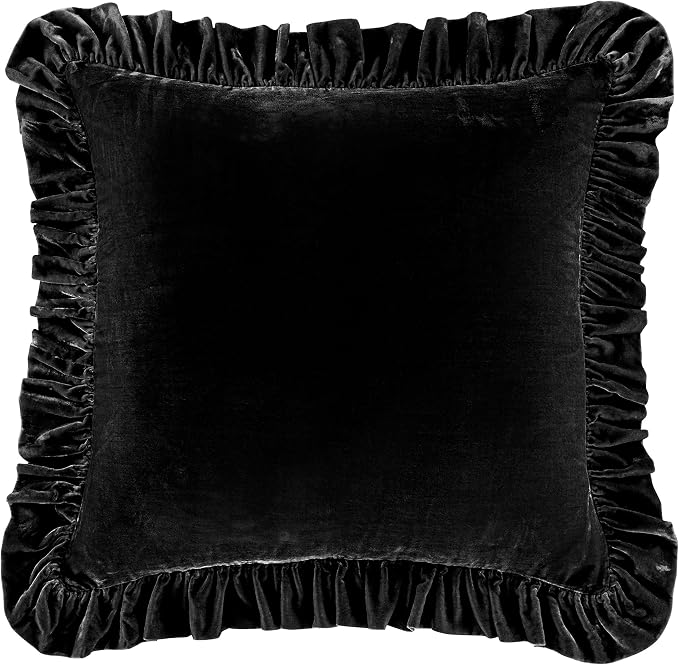 HiEnd Accents Stella Faux Silk Velvet Euro Sham Pillow Cover, 27x27 inch, Black, Romantic Western Modern Traditional Style Luxury Bedding