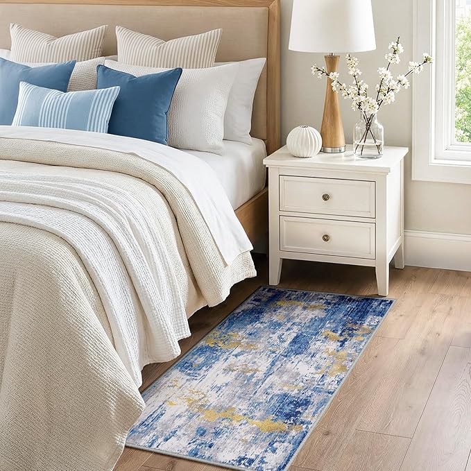 RELEANY Washable Area Rugs 2'x5' Non-Slip Modern Abstract Soft for Living Room Entryway Bedroom Nursery, Print Pattern, Grey Blue Gold/Golden