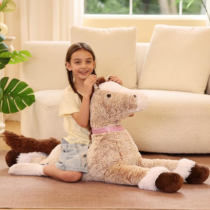 Tezituor 47 Inch Giant Horse Stuffed Animal, Hugging Soft Brown Horse Plush Body Pillow, 4ft Realistic Stuffed Stallion Plush Toy Gift for Girls Boys