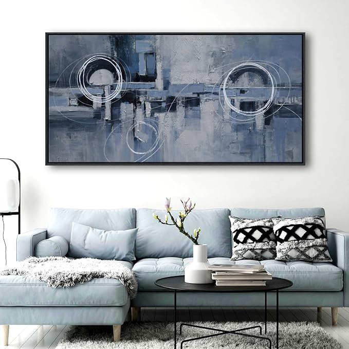 YDYSUNE Extra Large Framed Abstract Wall Decor for Living Room Blue and White Canvas picture Minimalist Wall art Modern Artwork Painting for Bedroom,Office Decoration 29×58inch