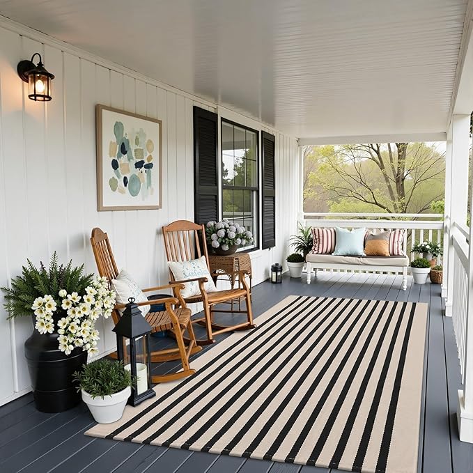 OLANLY Beige and Black Striped Rug 3' x 5' – Washable Cotton Doormat for Indoor Outdoor Use, Layered Front Porch Rug for Entryway, Kitchen, Patio
