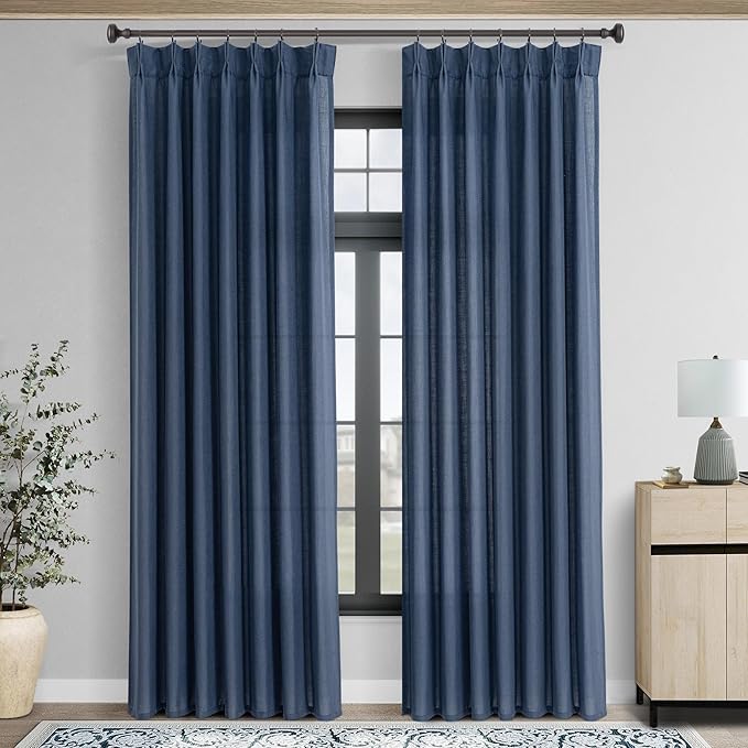Pinch Pleated Navy Blue Linen Curtains 84 inches Long for Living Room 2 Panel Set Light Fitering Semi Sheer Navy Window Curtain Pinch Pleate with Hooks Farmhouse Bedroom Drapes Length 84"