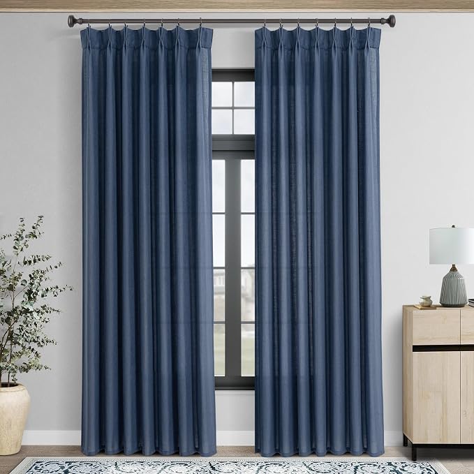 Pinch Pleated Navy Blue Curtains 120 inches Long 2 Panels for Living Room Textured Semi Sheer Pleat Linen Drapes 120 Inch Length with Hooks Navy Sliding Door Curtain Light Filtering 10 ft