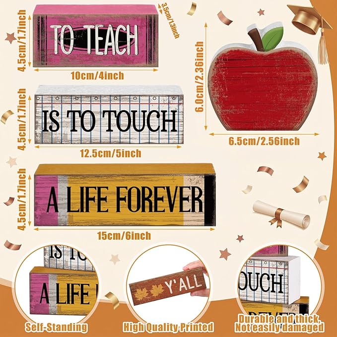 Moucuny 4 Pcs Teacher Appreciation Week Table Decor Wooden Apple Tiered Tray Decor Thank You Teacher Table Centerpiece Decorative Apple Block Signs Gift Classroom Decoration for Home Kitchen Shelf
