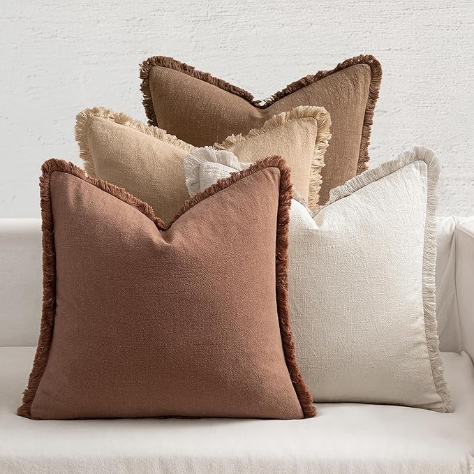 MIULEE Decorative Couch Pillow Covers Neutral Linen Fringe Throw Pillows Set of 4 Accent Rustic Cushions Boho Farmhouse Pillowcases for Bed Sofa Living Room Spring Home Decor 20x20 Inch Beige/Brown