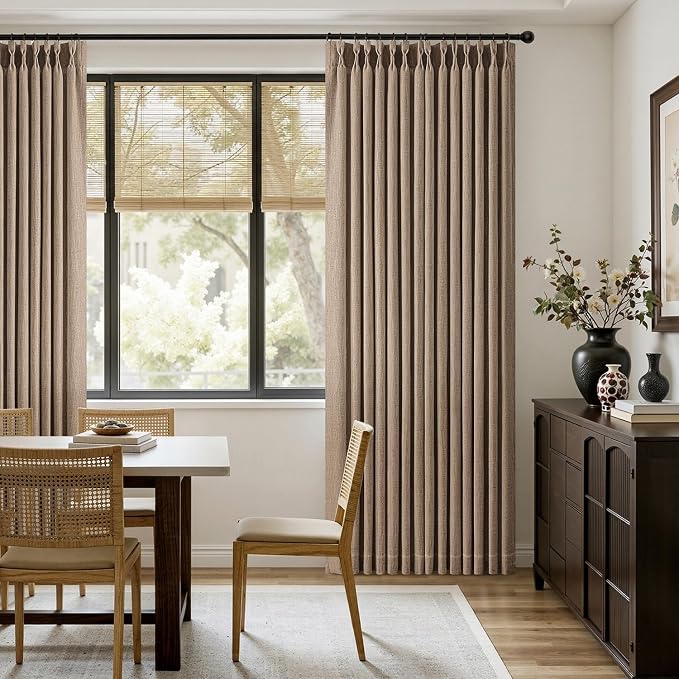 MIULEE Pinch Pleated Thick Linen Curtains 102 Inches Long 2 Panels for Living Room Bedroom, Linen Texture Pleat Drapes Memory Trained Light Filtering Brown Country Farmhouse Burlap Curtains with Hooks