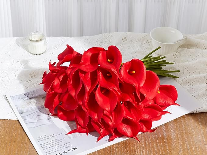 24 Pcs Red Artificial Calla Lily Flowers Fake Red Silk Flowers Real Touch for Wedding Bouquet Office Home Kitchen Decor