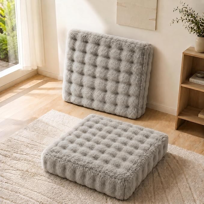 JKMAX 2 Pcs High Density Foam Floor Pillow - Upgraded Large Pillows Seating for Adults - Outdoor Floor Cushion with Soft Tufted Cover - Yoga Pillows for Sitting On Floor - 22 Inch Light Taupe