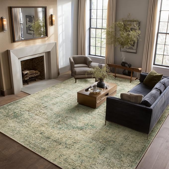 Machine Washable Rugs for Living Room: 9x12 Area Rugs for Bedroom Ultra Soft Non-Slip Low Pile Vintage Distress Boho Large Carpet for High-Traffic Dining Room - Farmhouse Decor