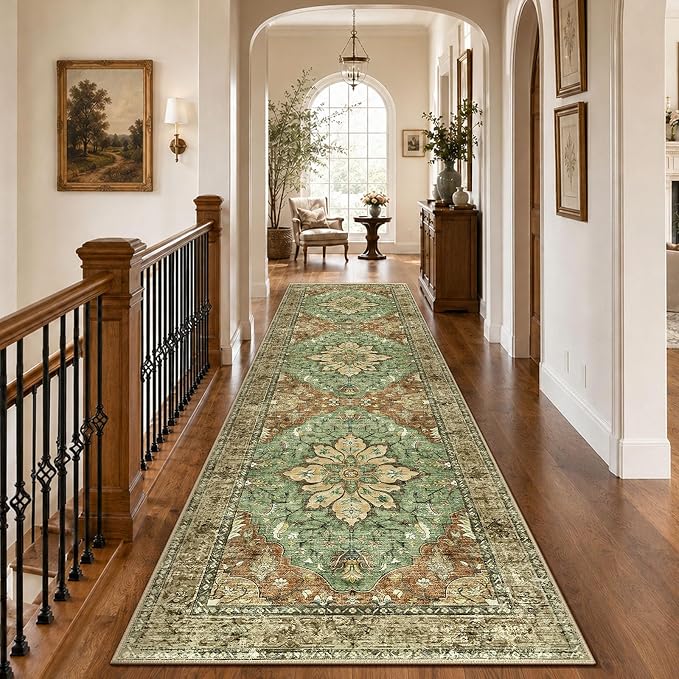 RELEANY Area Rugs Runner 3'x10' Washable Non-Slip, Floral Vintage Distress Medallion Carpet for Kitchen Hallway Bedroom Beside Laundry Room Bathroom, Terracotta Burnt Orange Green