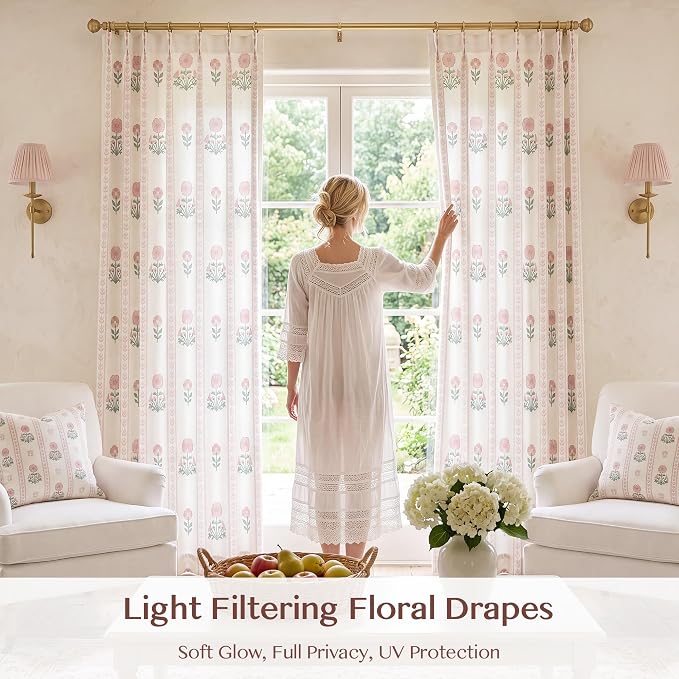 THREE GIRLS Pinch Pleated Light Filtering Linen Blend Floral Block Print Curtains for Girls Room, Nursery, Living Room, Modern Farmhouse, Memory Trained, Hooks, 2 Panels Set, 40"x90", Pink