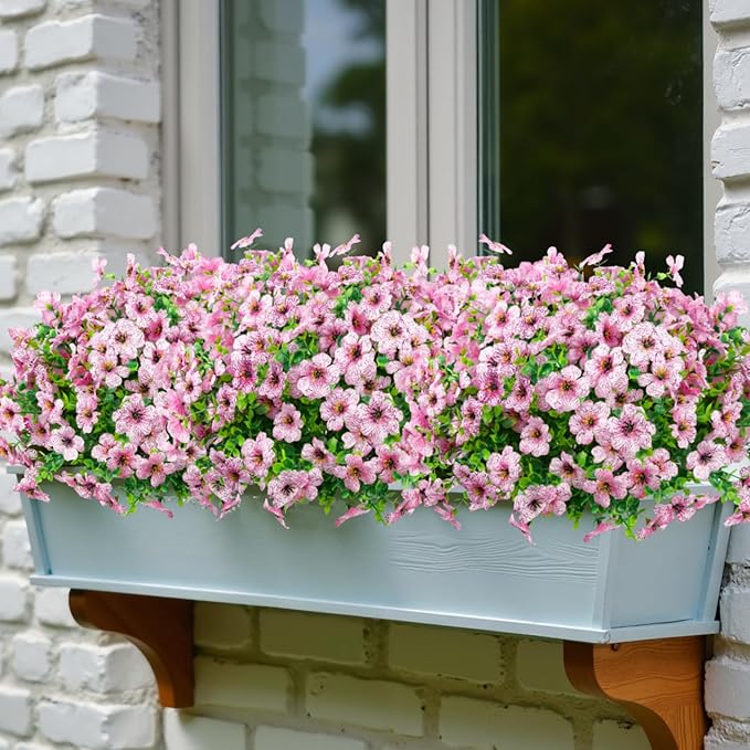 Ouddy Decor 12 Bundles Artificial Flowers for Outdoors Fake Silk Flowers UV Resistant Faux Plastic Plants for Spring Summer Garden Porch Window Box Table Vase Home Indoor Outdoor Decoration, Pink