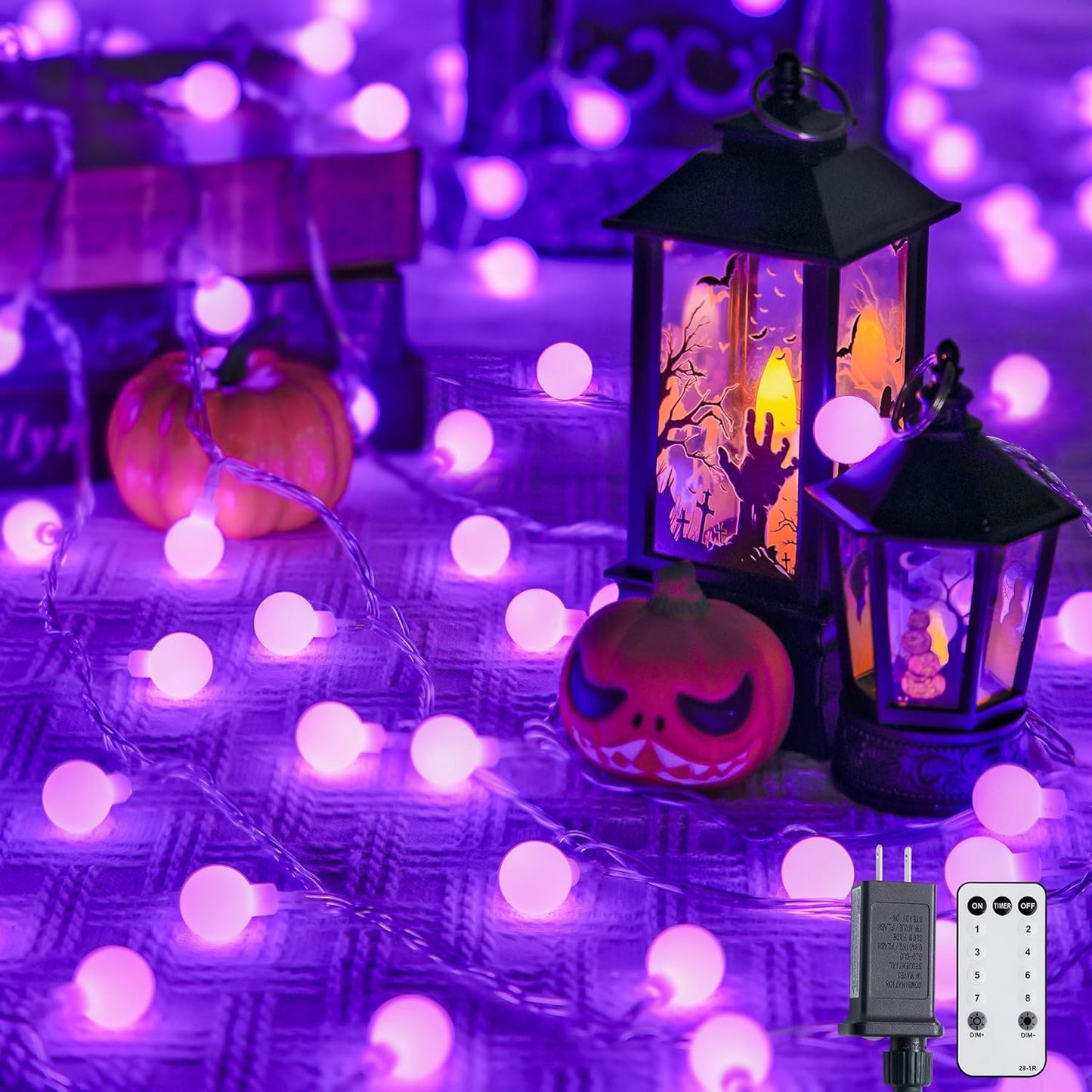 JMEXSUSS Purple Halloween Lights Indoor, Connectable 100 LED Globe String Lights Plug in with Remote, 33ft 8 Modes Purple String Lights Outdoor for Bedroom Room Party Halloween Decor