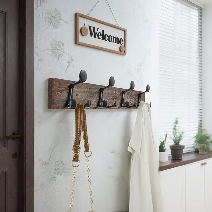 WEBI Coat Rack Wall Mount,24" Solid Wood Coat Hooks Wall Mounted Coat Hanger,16" Hole to Hole,Heavy Duty Hook Rack Rail,4 Triple Hooks for Hanging Coats,Jacket,Clothes,Hat,Weathered Brown,2 Packs