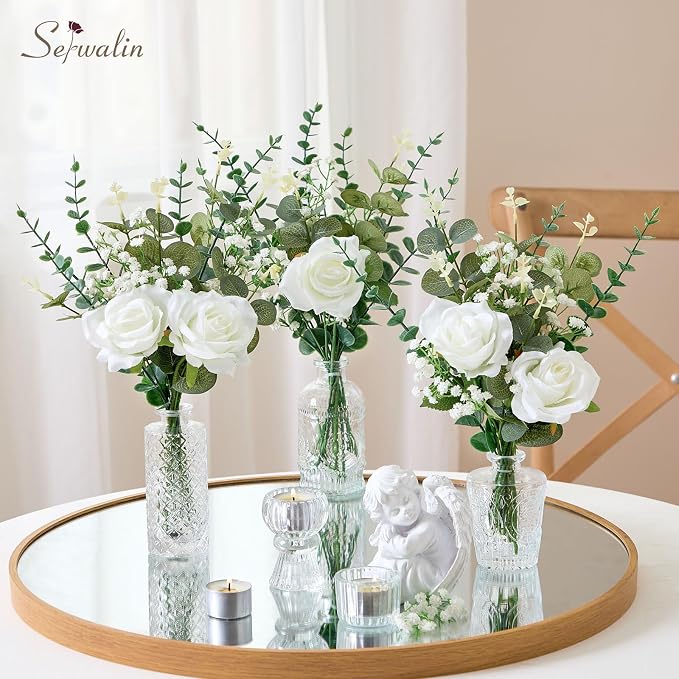 Serwalin 30 Pcs Mixed Eucalyptus Greenery Stems, White Silk Roses and Babys Breath Artificial Flowers for DIY Wedding Bouquets Home Party Arrangement Floral Vase Decor