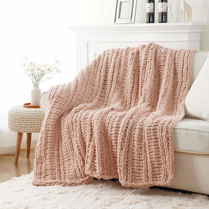 Battilo Chunky Knit Throw Blanket for Couch, 50"x60", Pink | Hand Knit, Gift Blanket for Girls, Women, Cozy Warm Thick Soft Chenille Throw Blanket for Chair, Sofa, Living Room