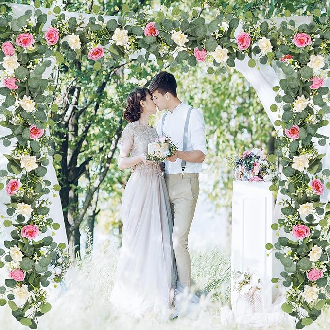 TOCHGREEN 4 Pack Artificial Eucalyptus Flower Garland with White Pink Roses, Fake Rose Flower Greenery Garland Floral Vines for Wedding Home Party Table Runner Decor (White Pink, 4PCS)