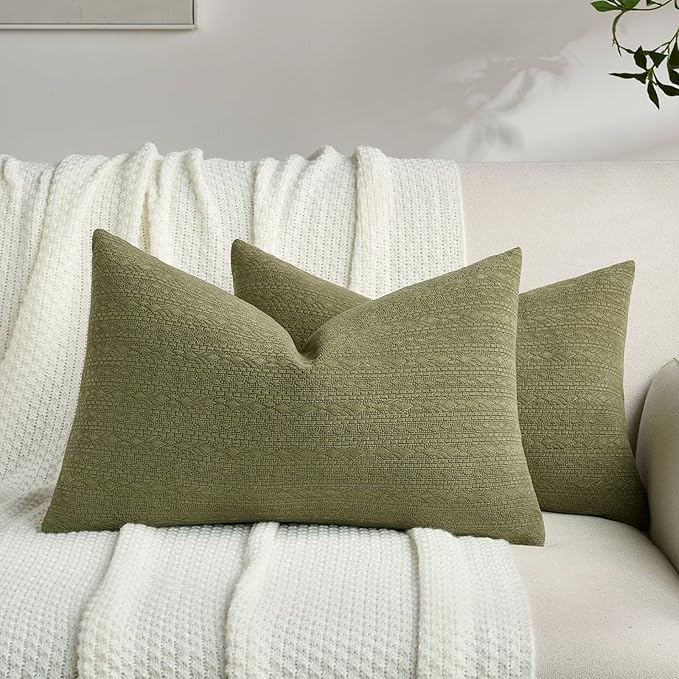 FUTEI Moss Green Chenille Throw Pillow Covers 12x20 Inch Set of 2,Soft Striped & Diamond Textured Lumbar Pillow Cases,Modern Home Decor for Couch Living Room