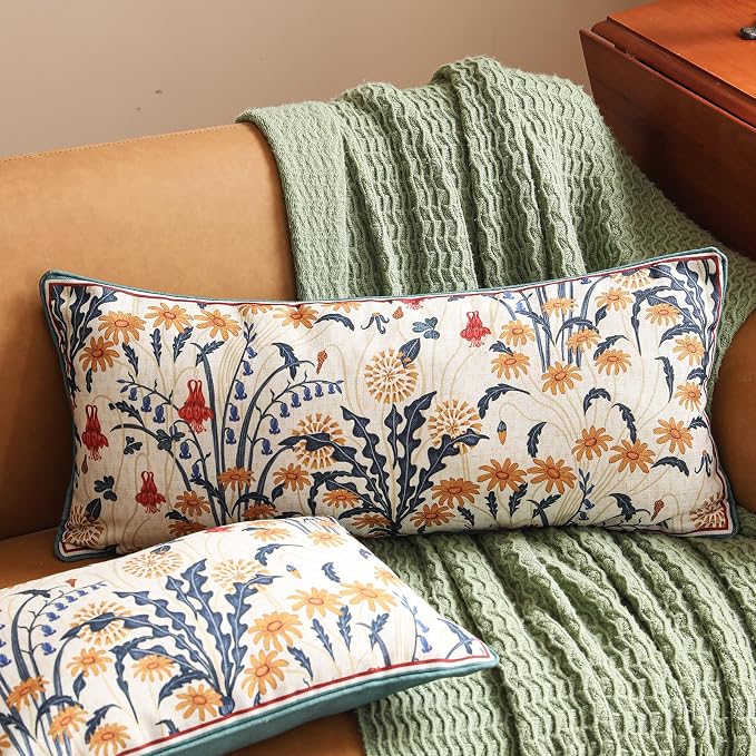 bilin gaier Designer Vintage Linen Throw Pillow Cover,28"x12"-Tijuana | Rectangular Pillow Cover,Concealed Zipper,Floral Pattern,Sofas,Bedroom,Living Room,Lounge Chairs,All Season Home Decor
