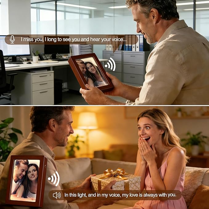 Wooden Photo Frame with Voice Recording and Soft LED Light – Personalized 180S Recordable Picture Frame Fits 3.5x5, 4x6 & 5x7 Photos, Tabletop Display, Meaningful Keepsake Gift (Brown)