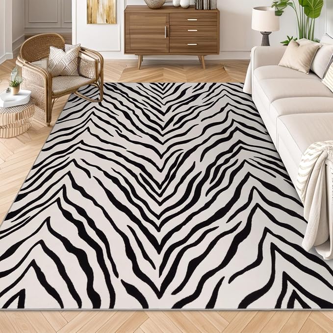 YIHOUSE Washable Area Rugs 5'x7', Black and Beige Modern Zebra Rug for Living Room, Bedroom, Ultra Thin Animal Stripe Print Rug for Girls Boys Nursery, Playroom, Dorm Room