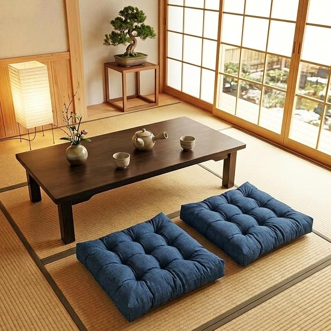Large Square Floor Cushions Set of 2, 22 x 22 Inch with Non-Slip Bottom, Memory Foam Floor Pillow for Sitting, Meditation & Yoga, Soft Supportive Floor Seating Cushion for Adults & Kids (2, Navy Blue)