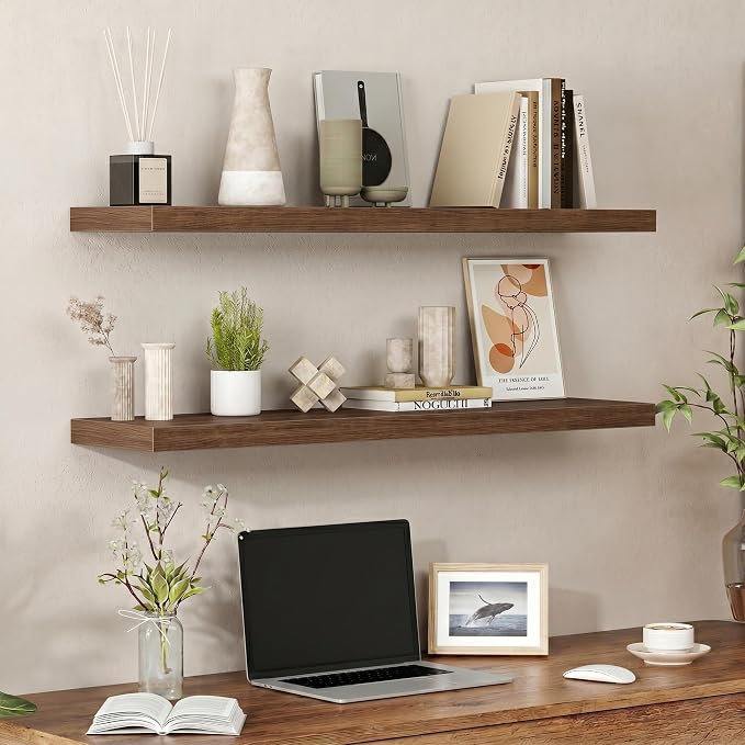 Heimlove 40 Inches Floating Shelves for Wall,9.3" Deep Walnut Long Floating Shelves Set of 2,Large Display Shelf & Storage Shelf,Wall Shelf for Bathroom Bedroom Living Room Kitchen Office