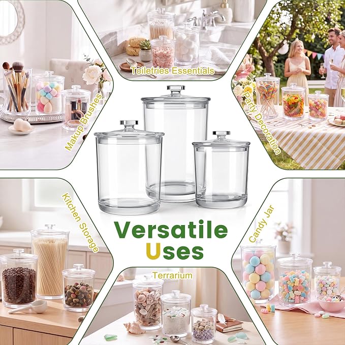 3 Pcs Plastic Apothecary Jar with Lid Decorative Crystal Wide Mouth Candy Jar for Candy Buffet Bathroom Storage Canisters Wedding Decor Acrylic Organization Canisters for Home